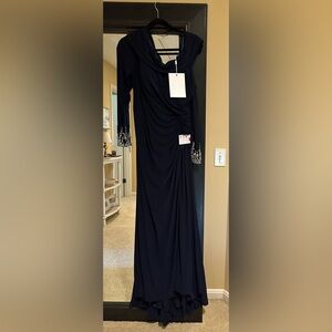 Mac Duggal Navy Maxi Dress with Embellished Sleeves